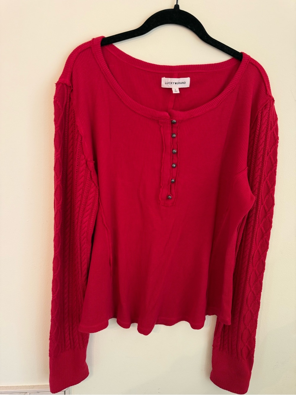 Lucky Brand Red Long-Sleeve Henley with Cable Sleeves *GREAT USED CONDITION* - Picture 3 of 10